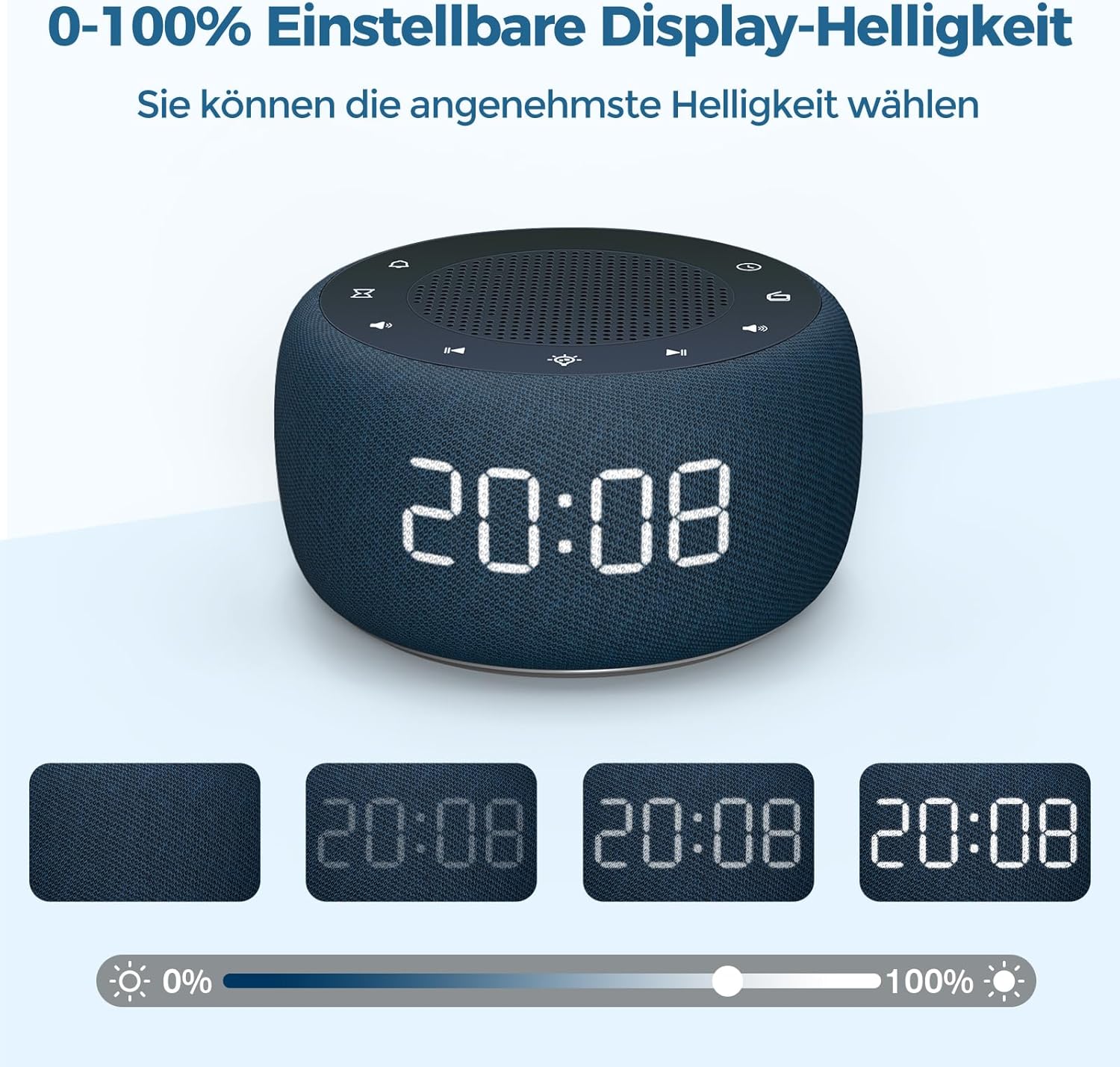 Image demonstrating the 0-100% adjustable display brightness of the BUFFBEE RS11, showing various brightness levels.