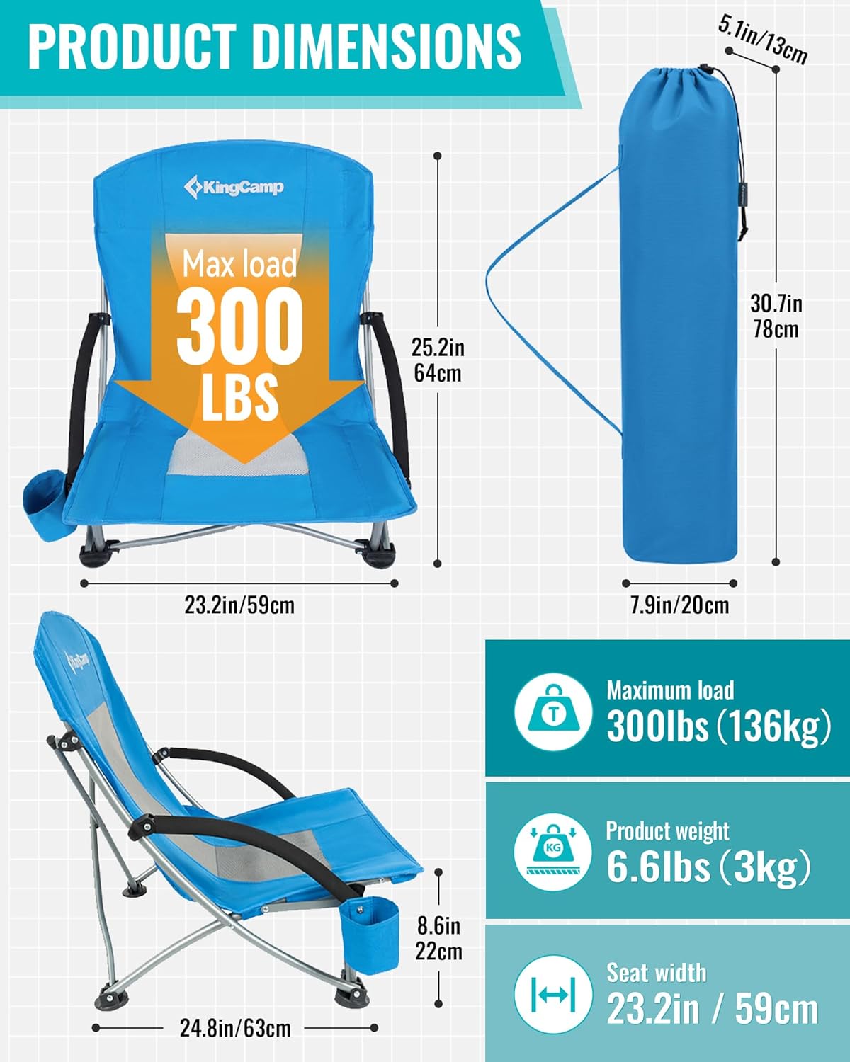 KingCamp Low Beach Chairs, Folding Portable Chair for Adults Lightweight Extra Wide Seat 300lbs Heavy Duty Oversized Backpack, Carry Bag for Camping - Image 2