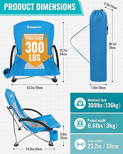 Miniatura 2 de KingCamp Low Beach Chairs, Portable Folding Chair for Adults Extra Wide Ergonomic High Back Seat 300lbs Heavy Duty Lightweight Oversized Gear with