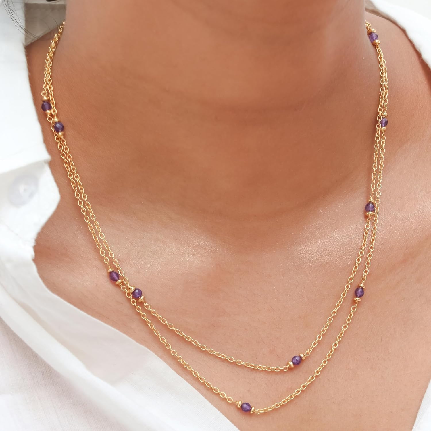 Gempires Natural Station Necklace, Handmade jewelry With 34 + 2 Inch 14k Yellow Gold Plated Adjustable Chain