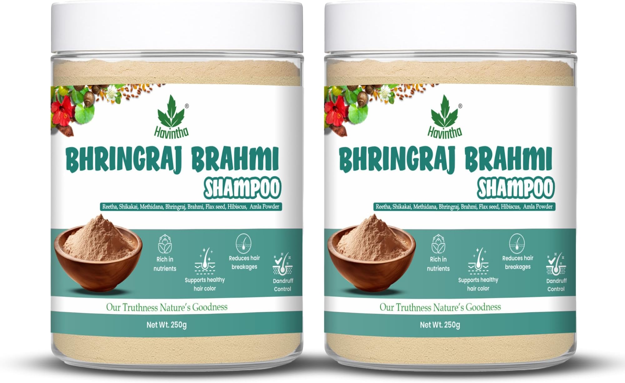 Havintha Natural Shampoo for Hair | With Amla Reetha Shikakai Methidana Hibiscus Bhringraj Brahmi and Flax Seed Powder | Herbal Shampoo | Men & Women 250 g (Pack of 2)