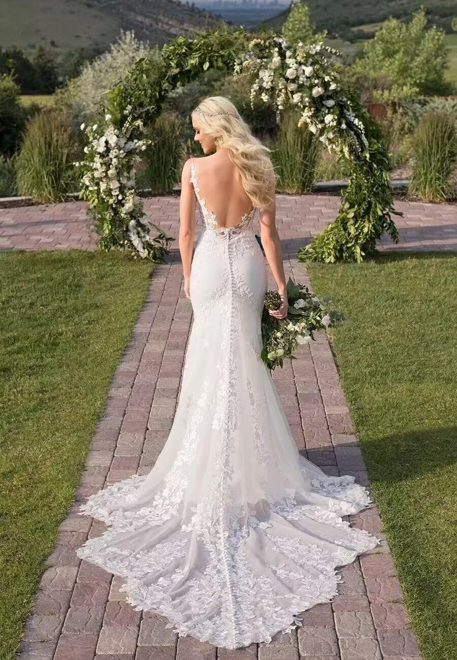 Robes de mariée sirène pour mariée appliques en dentelle dos nu robes de mariée de plage avec train