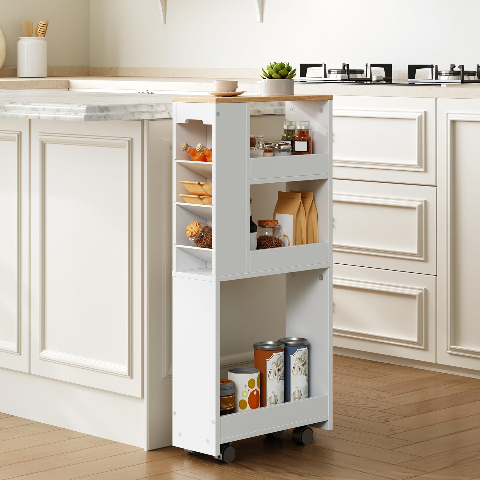HOOBRO Carro Estrecho de 4 Niveles, 40 x 15 x 85,5 cm, con 4 Ruedas Giratorias Bloqueables, para Espacio Pequeño, Cocina, Baño, Sala de Estar, Blanco y Natural EWN84TC01