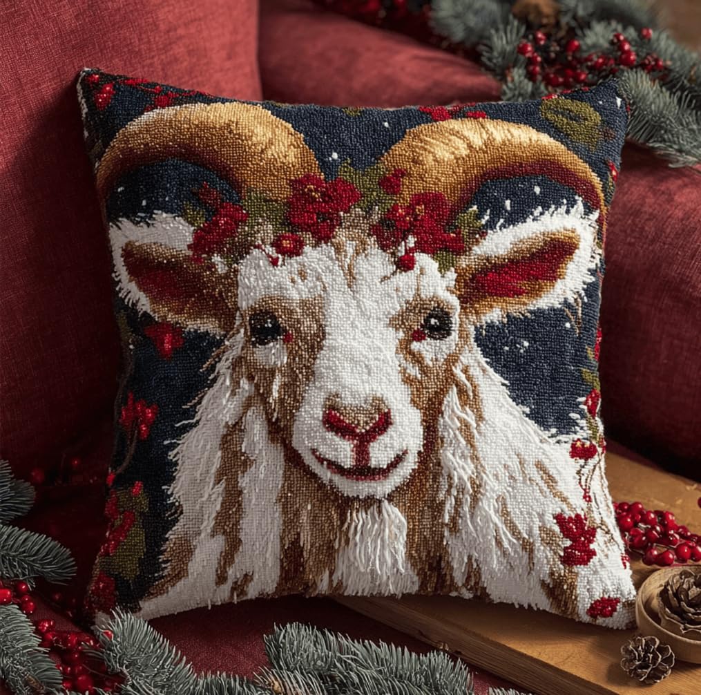 Kitphoenix Multicolor Latch Hook Cushion Kits Christmas Goat 3D Pillow Materials Package 43Cmx43cm Diy Latch Hook Kits Yarn Kits Pillow Rug Pattern Arts And Crafts Crochet Needlework