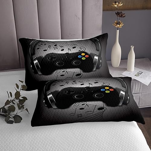 Miniatura 4 de Juego de ropa de cama de videojuegos con auriculares negros y grises con diseño de notas musicales con control de videojuegos para niños y niños,