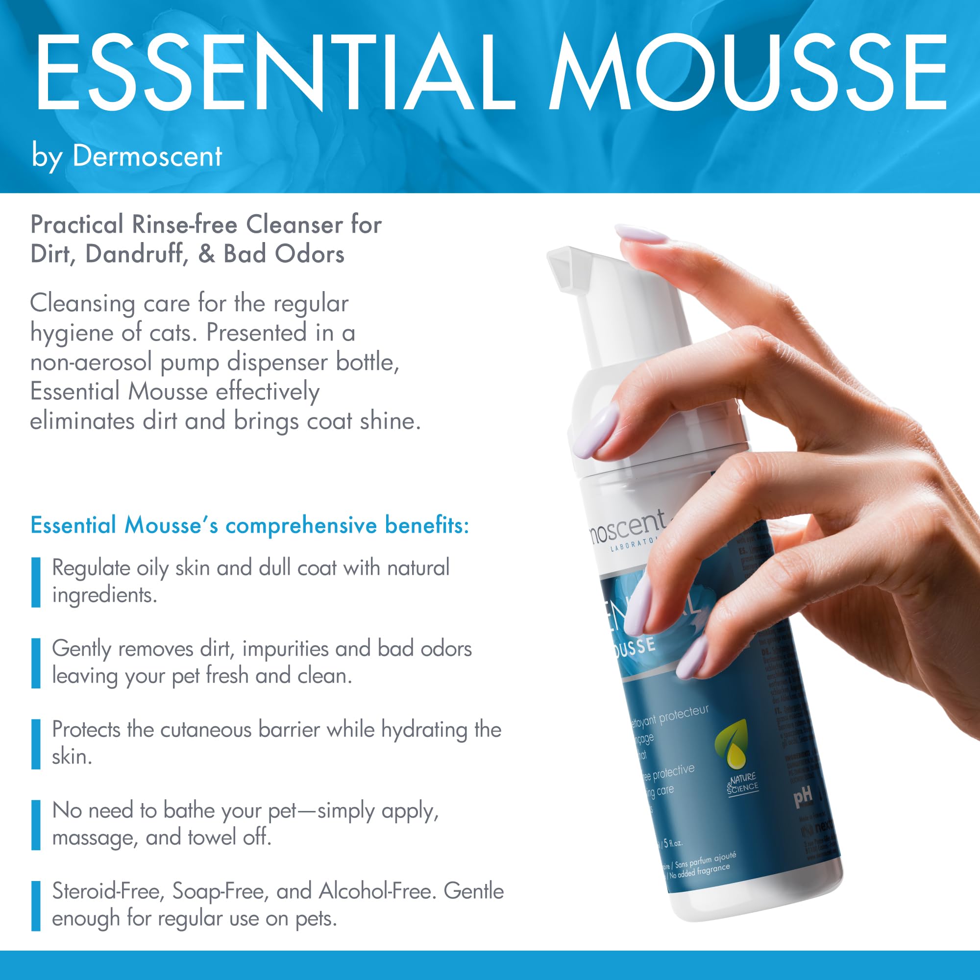Dermoscent Essential Mousse pour Chat | Soin Nettoyant Protecteur sans Rinçage | 150 ML | Usage Fréquent