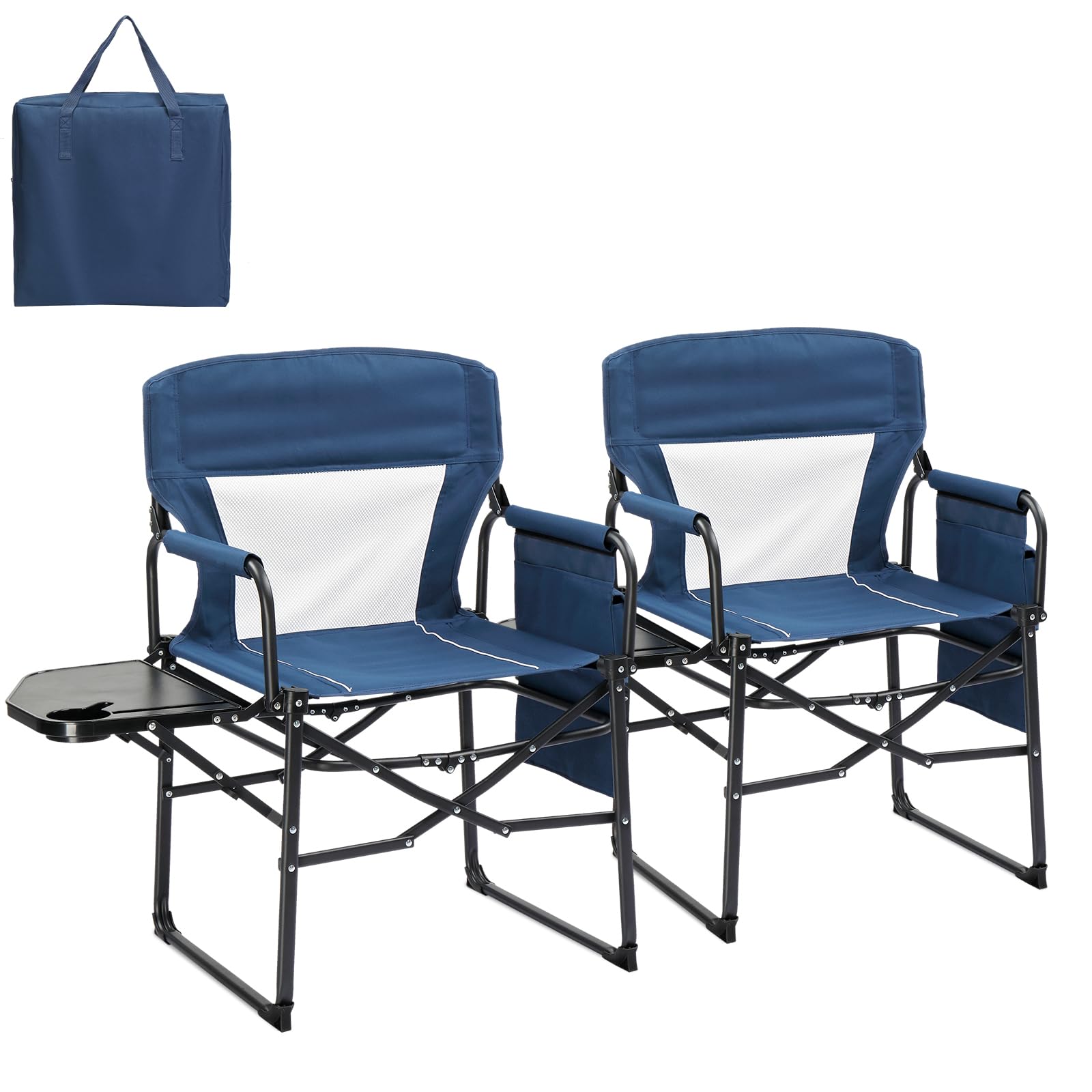 Bonnlo Camping Chairs for Adults Heavy Duty, Folding Directors Chair With Side Table, Cup Holder, Storage Pocket, Supports Up to 120KG, Portable for Outdoor Garden Fishing Festival BBQ (Blue, 2pc)