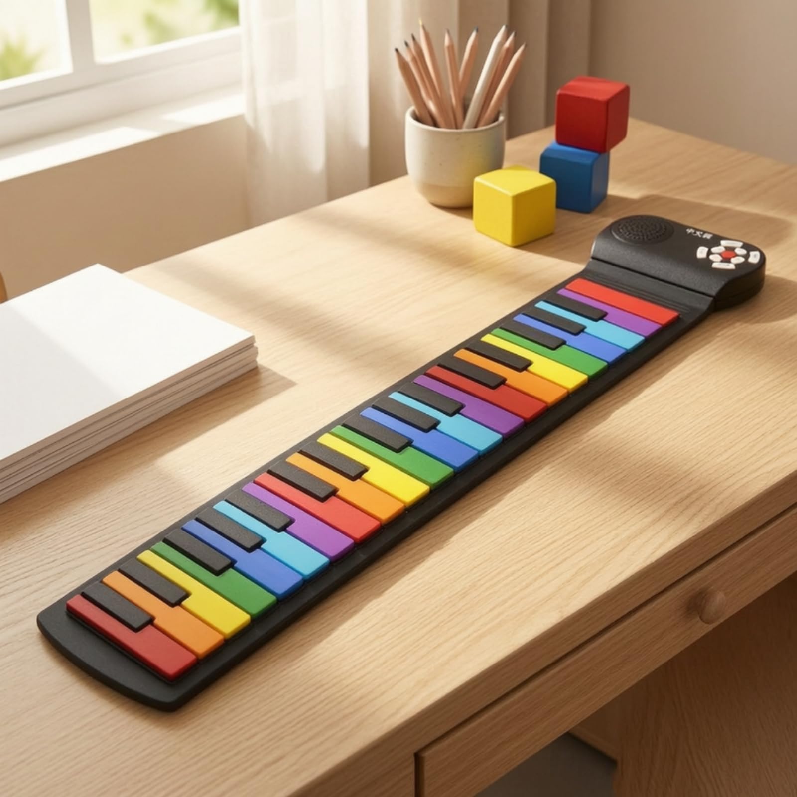 Tastiera Elettronica Portatile 37 Tasti Pianoforte Arrotolabile Silicone Educativo Pianola Didattica con Tasti Visivi Adatta per Bambini Apprendimento Casa Scuola, Versione Cinese