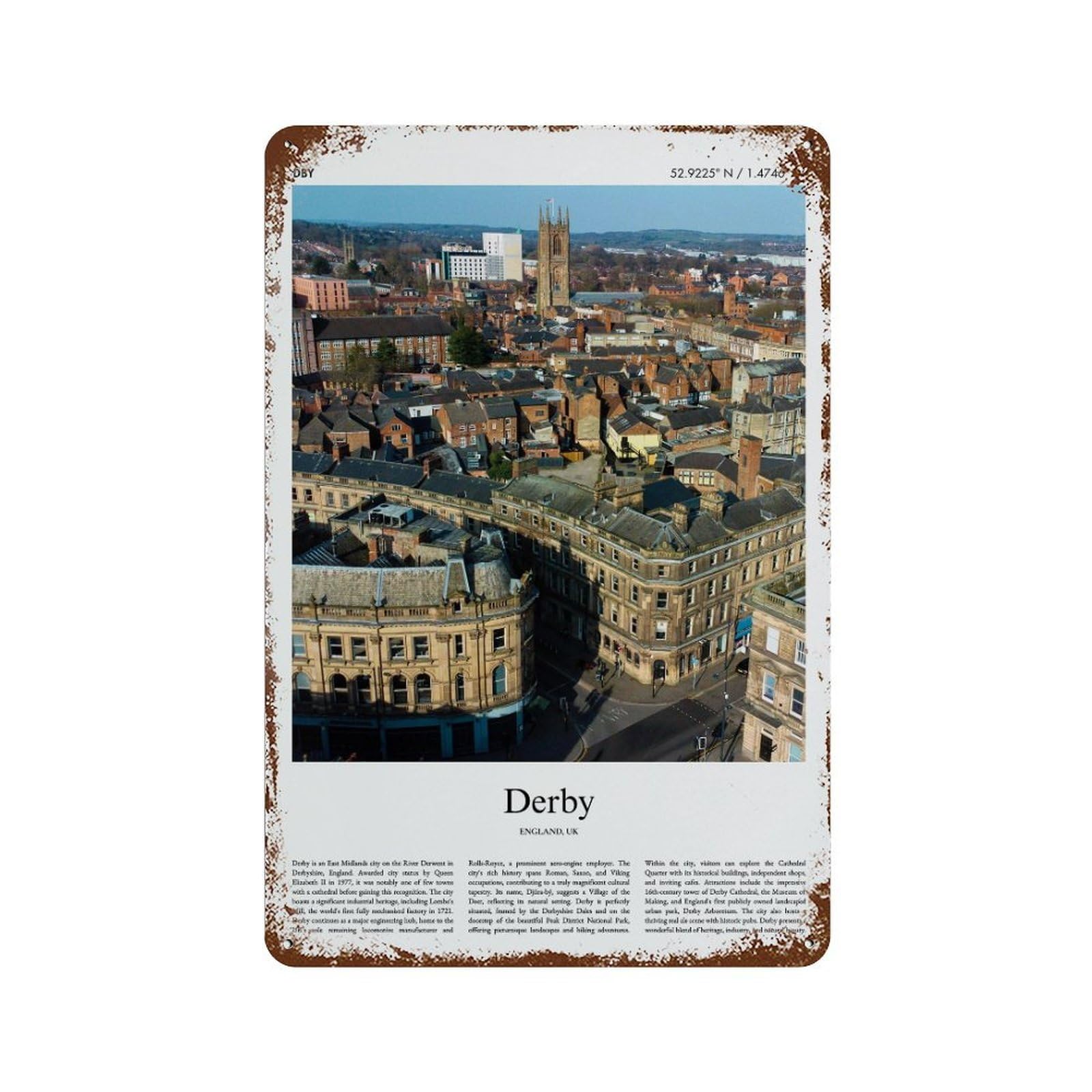 xiaoxiaoshen Derby England UK City Scenery Wall Decor Art Metal Tin Poster Modern Home Decor Art Home Bar Shop Decorations Vintage Sign 30x20cm