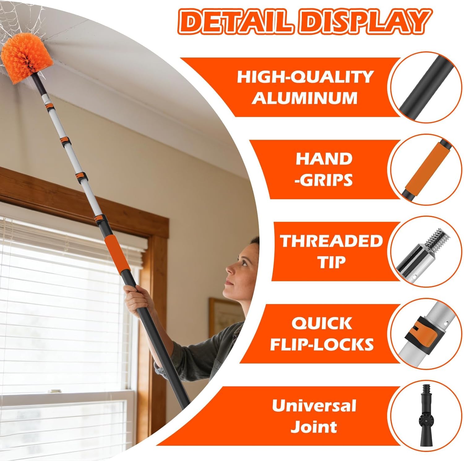 18FT Reach High Ceiling Duster Kits with 3-15FT Adjustable Pole - Includes Extra Long Duster, High Ceiling Duster, Rotatable Window Squeegee & Cobweb Duster for Ceiling Fans and Whole House Cleaning