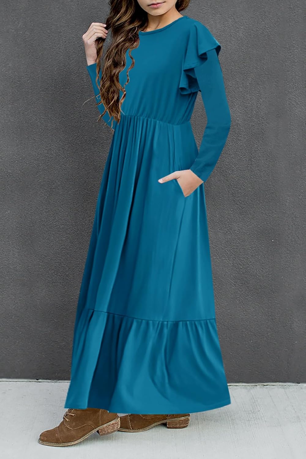 HOSIKA Girls Fall Ruffle Long Sleeve Crew Neck Loose Casual Flowy Tiered Maxi Dress with Pockets for 6-12 Y - Image 3