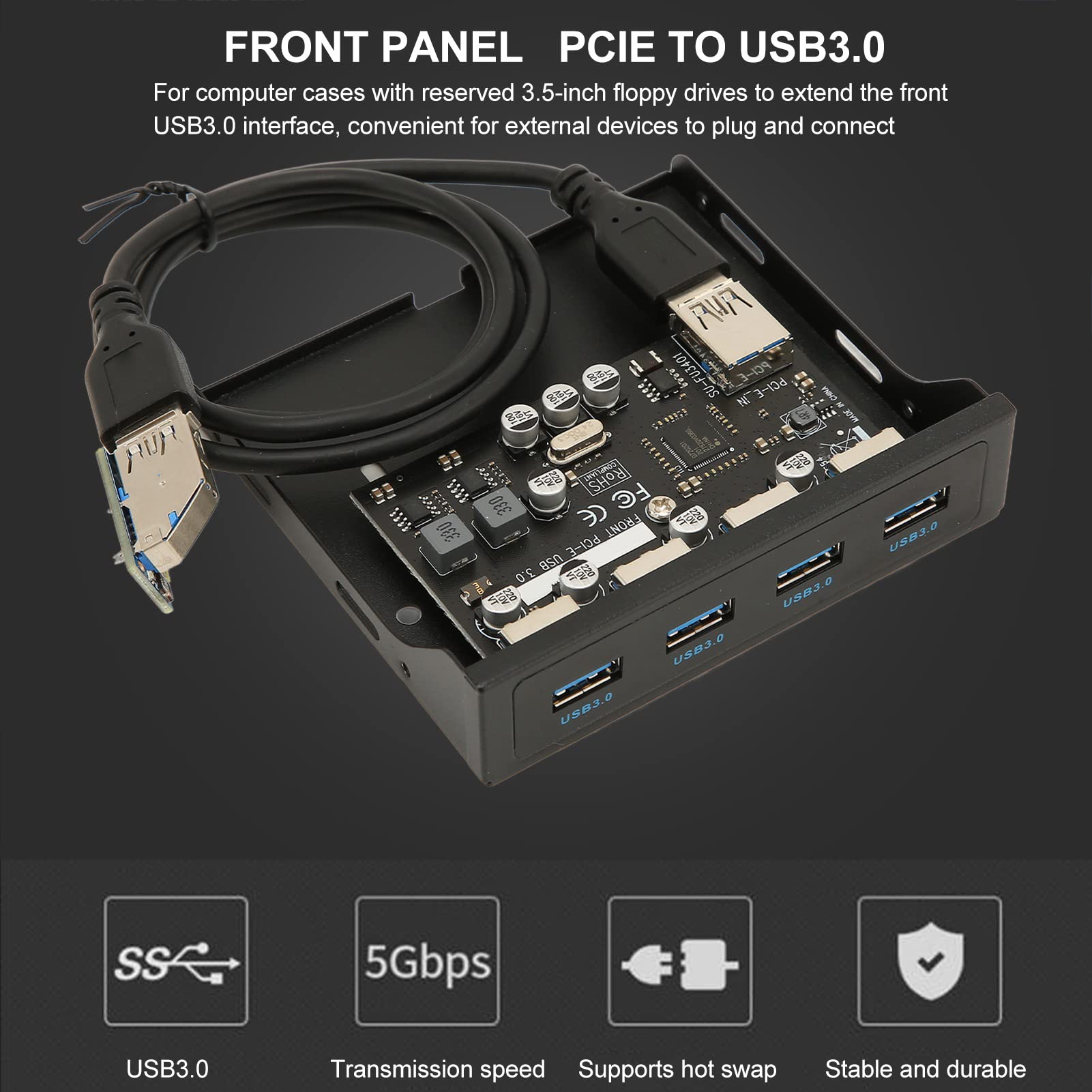 Panel frontal PCIE a USB 3.0 Hub con 4 puertos, panel frontal de PC de 3.5 pulgadas, lector de tarjetas interno PCIE adaptador USB con 4 puertos de salida USB 3.0 X para carcasa de computadora 6