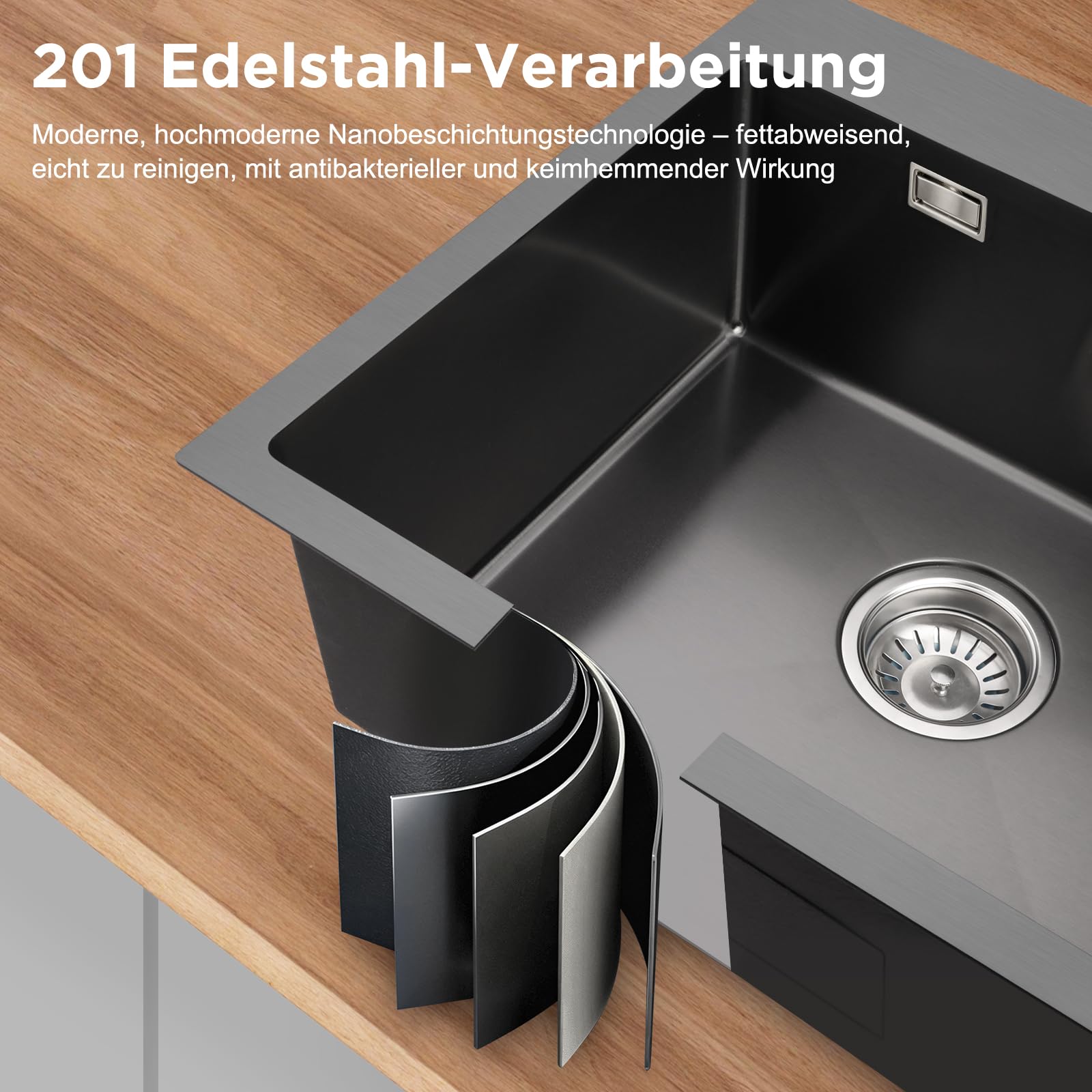 Modernes Spülbecken 45x40 cm, 1 Becken, Schwarze Küchenspüle, Edelstahl, 2 Wasserhahnlöcher, Überlauf