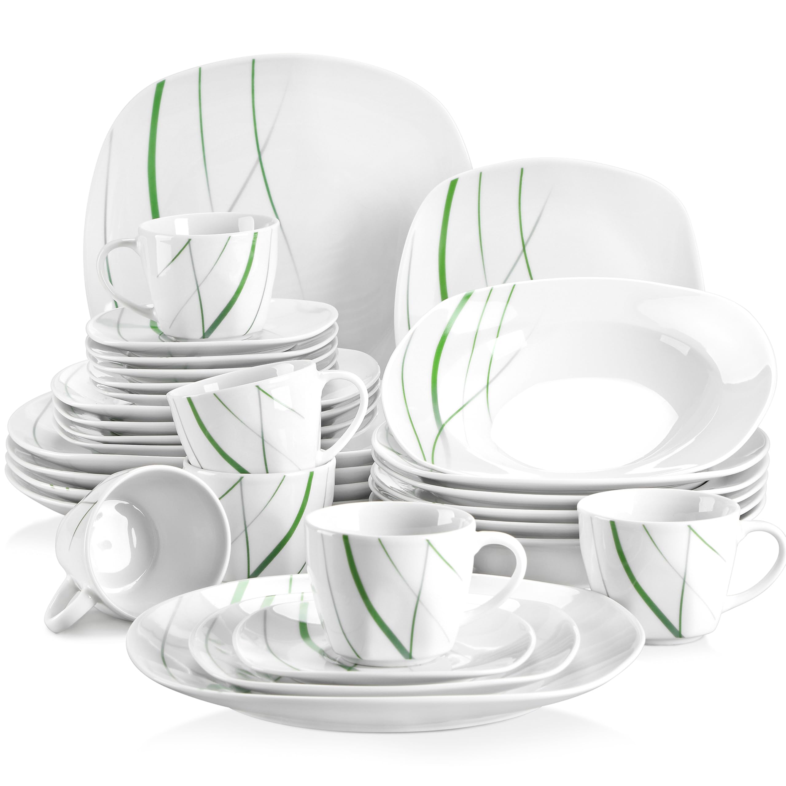 VEWEET "Aviva" 30-częściowy porcelanowy zestaw obiadowy, kość słoniowa, zielone linie, porcelanowy zestaw obiadowy z kubkiem na jajka, kubkiem, miską, talerzem deserowym, talerzem obiadowym,