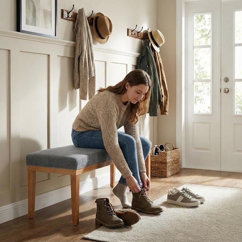 YOUNIKE 52.7" Upholstered Fabric Bench Thick Modern Table Benches with Solid Wood Legs Farmhouse Kitchen Dining Bench with Comfy 4.72" Cushion for Entryway Hallway Bedroom End of Bed Living Room Grey