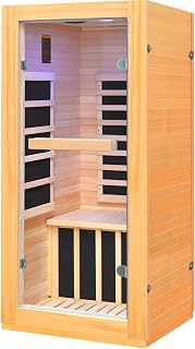 Single Person Sauna, 1-Box Okoume Wood Infrared Spa, 900W Compact Home Sauna with Bluetooth & Light, Easy Setup