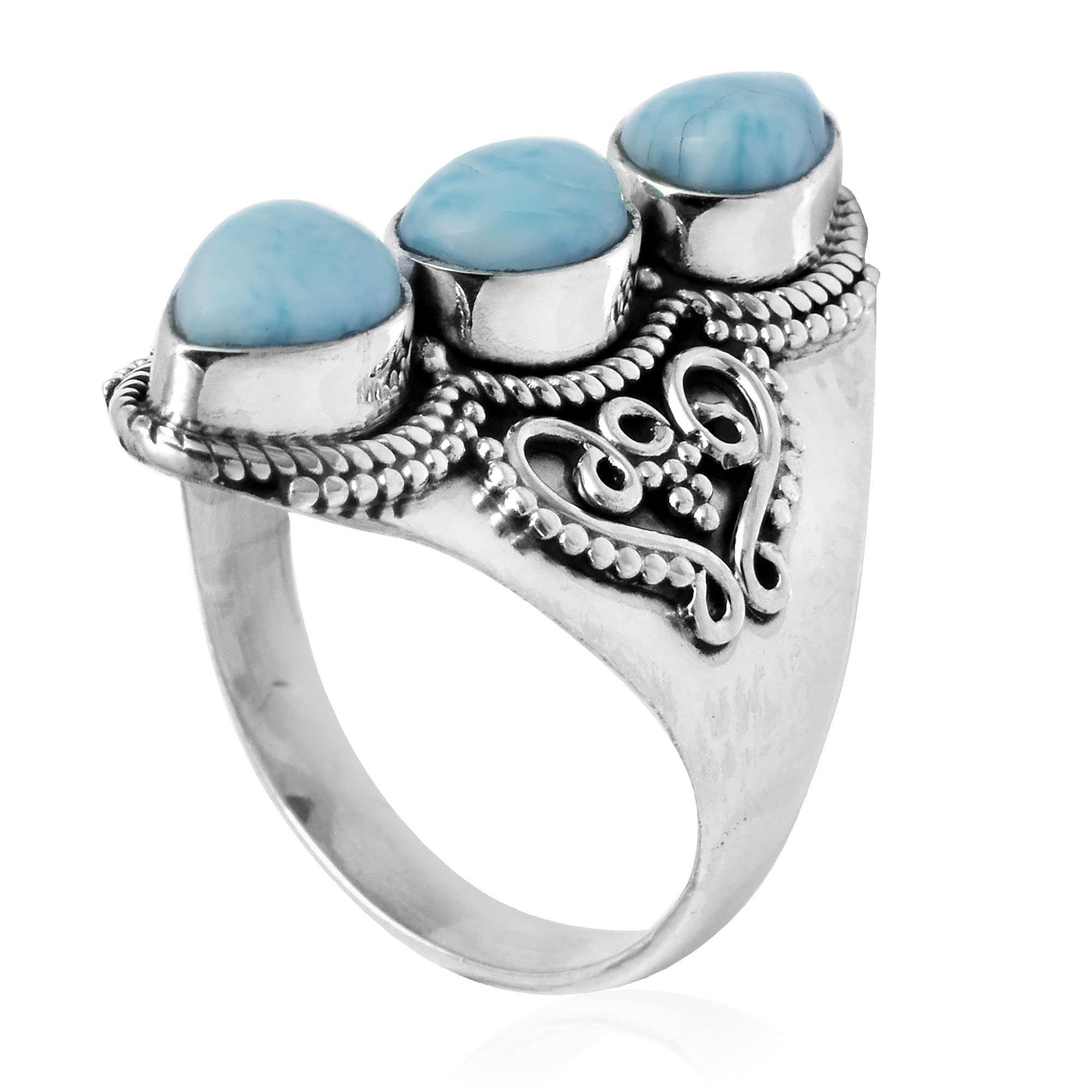 Anillo de plata de ley 925 con tres piedras de larimar natural para mujeres y niñas