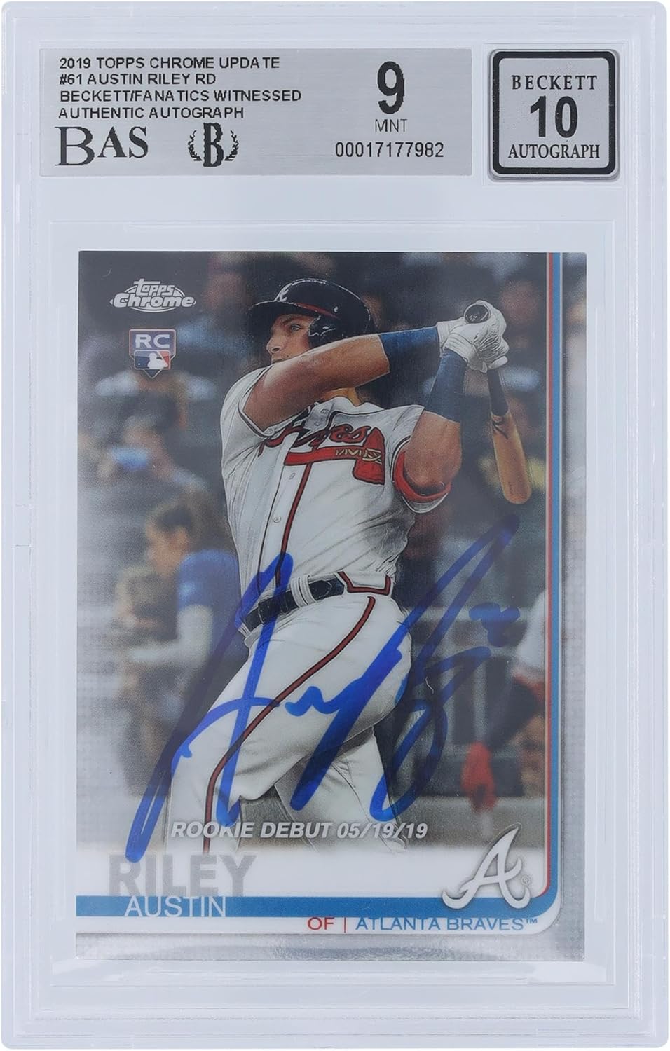 Austin Riley Atlanta Braves Autographed 2019 Topps Chrome Update #61 Beckett Fanatics Witnessed Authenticated 9/10 Rookie Card - Baseball Slabbed Autographed Cards