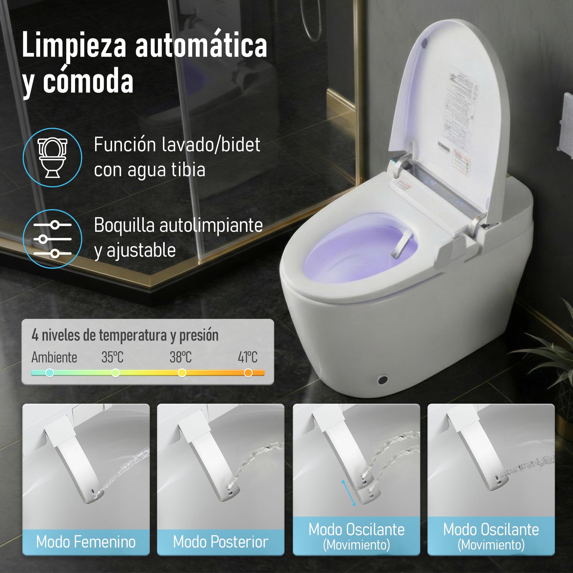 Inodoro Inteligente Estilo Japonés | 680x390x490 mm | WC con Bidet Integrado, Asiento Calefactable, Agua Caliente y Secado, Sensor, Control Remoto y Tapa Automática, Sin Depósito (Blanco | 1C)