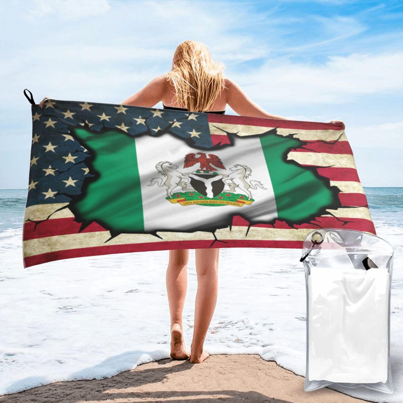 HACXZ Vintage America Flag and Nigeria Flag Absorbent Beach Towel Microfiber Beach Towel Lightweight 31.5"X63"