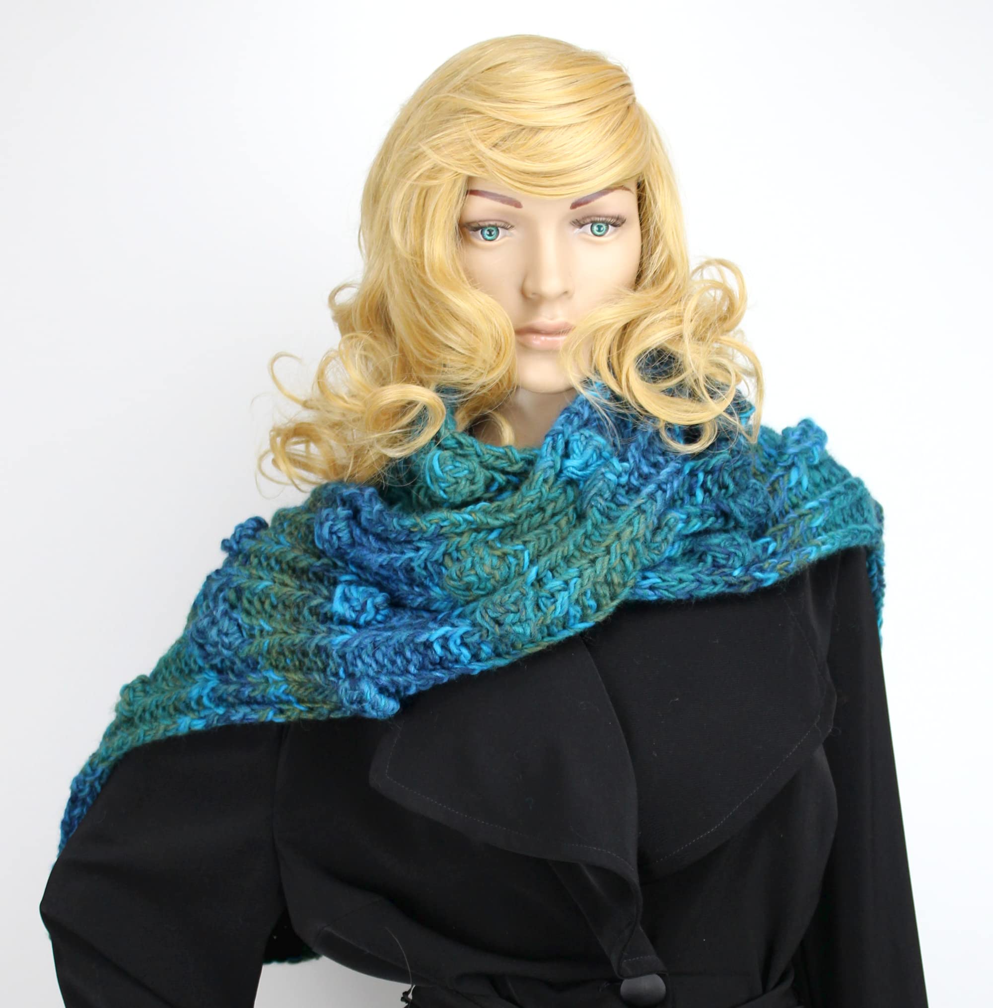 H.E.Arts Strickschal petrol meliert Damen Schal XXL handgestrickt Wollschal