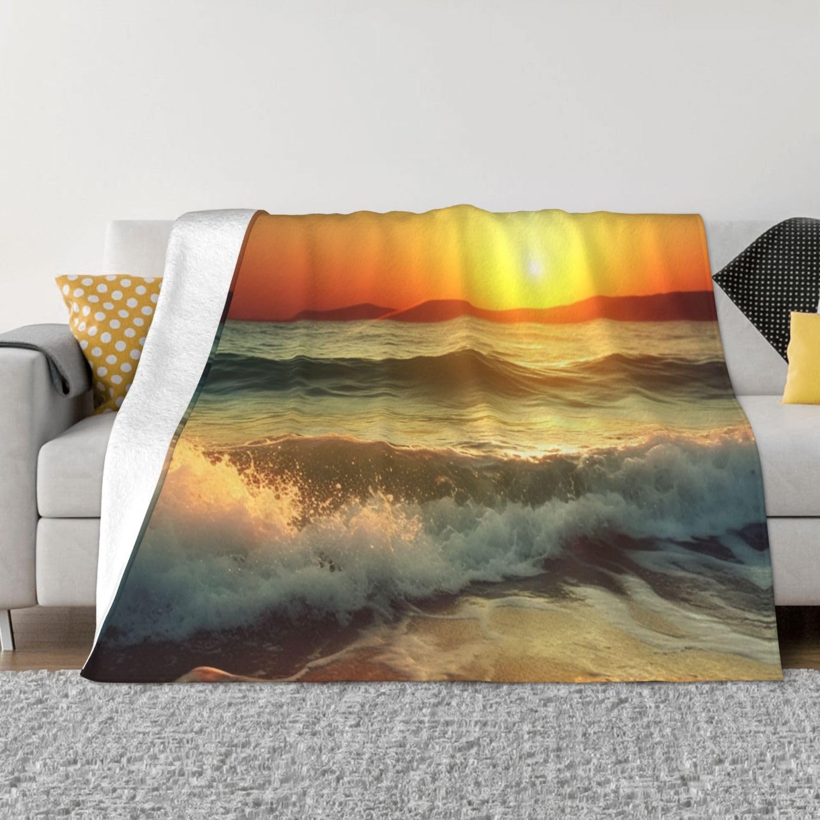 Couverture polaire vagues et coucher de soleil en flanelle douce pour canapé et lit 152x127 cm