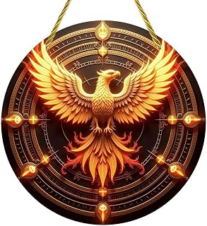 Acrylic Stained Panel Hanging-Fiery Phoenix Within Glowing Emblem Round Window Hanging Ornament,Wall Art Panel for Indoor/Outdoor Decor,Gift,Birthday for Women, Men, Wife, Aunt, and Mom 7.8in