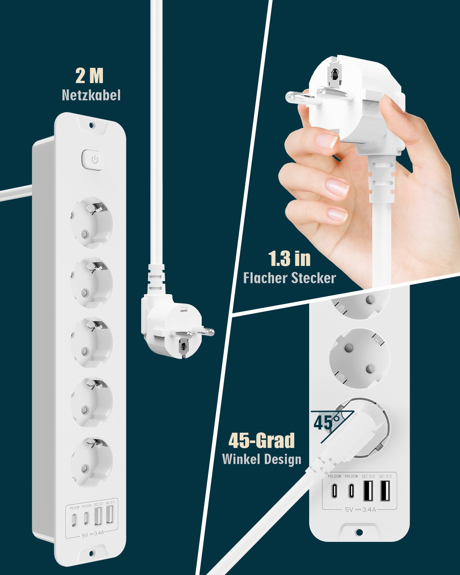 Ciabatta elettrica commutabile singola, presa elettrica a 5 prese, con USB, presa multipla 9 in 1 con cavo da 2 m (bianco)