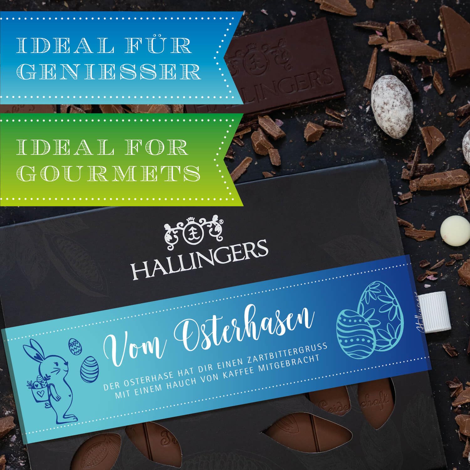 Hallingers Genuss Manufaktur Vegane Schokolade Oster-Geschenk - Tafel handgeschöpfter Edelkakao ohne Alkohol edler Karton 10x "Vom Osterhasen" Kaffee, Ostern Körbchen für Frauen Männer