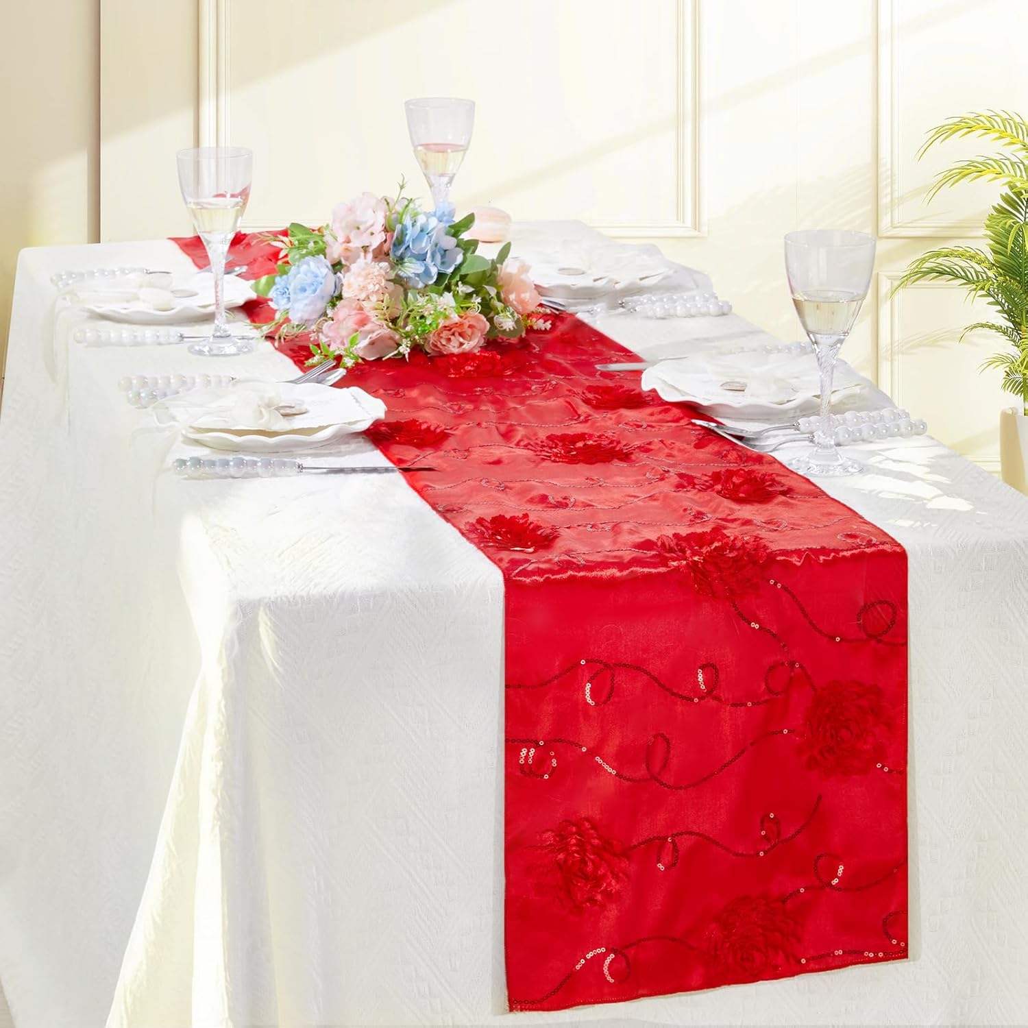 Red Table Runner 3 Pack Sequin Satin Dahlia Flowers Blossom Spring Table Runners 12x80 Inch for Wedding Anniversary Birthday Decoration Home Party Kitchen Dining Table Decor