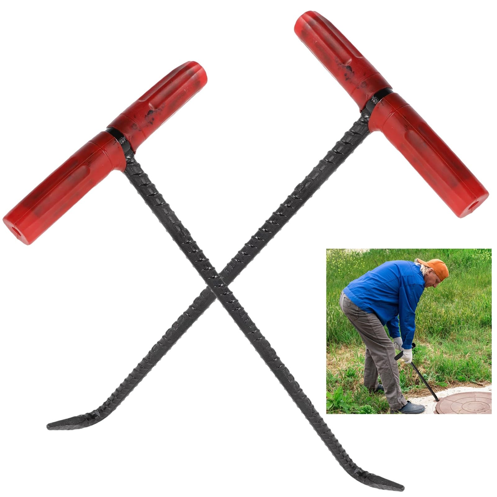 Oracra T- Lift Sewer Manhole Cover Hook - 2pcs, Heavy Duty Pulling Gully Drain Grate Hooks, Roller Trampoline Spring Tool for Gutter/Septic/Shutter Door (Size : 1/2