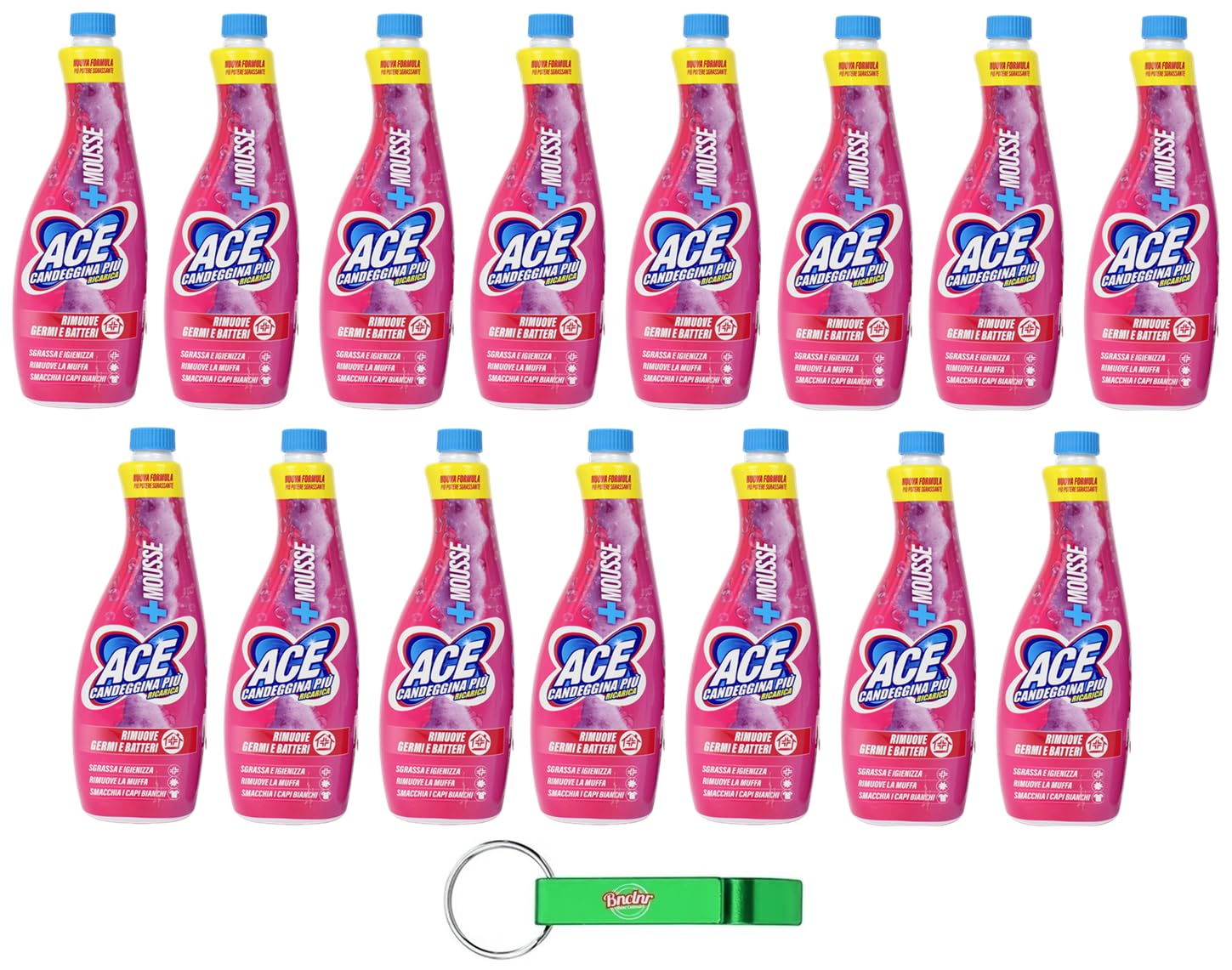 15x ACE Candeggina +Mousse, sgrassa le superfici della casa e le macchie più ostinate del bucato,Flacone Ricarica da 700ml + Portachiavi Beni Culinari in Omaggio