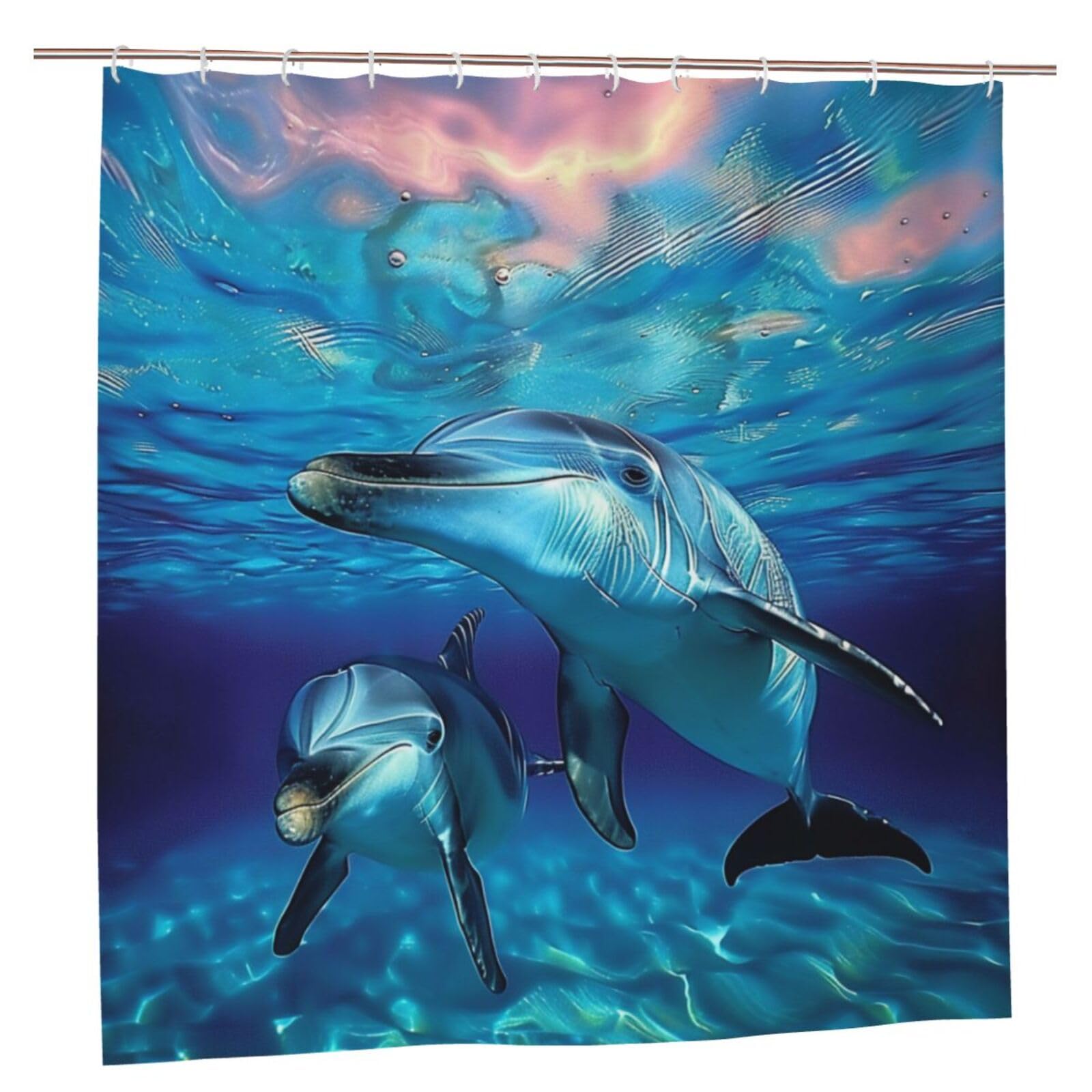 BWWHCCTI Dolphin Printed Shower Curtain With 12 Plastic Hooks Opaque Quick Drying Waterproof Shower Curtains Sets For Bathroom 183x183 CM