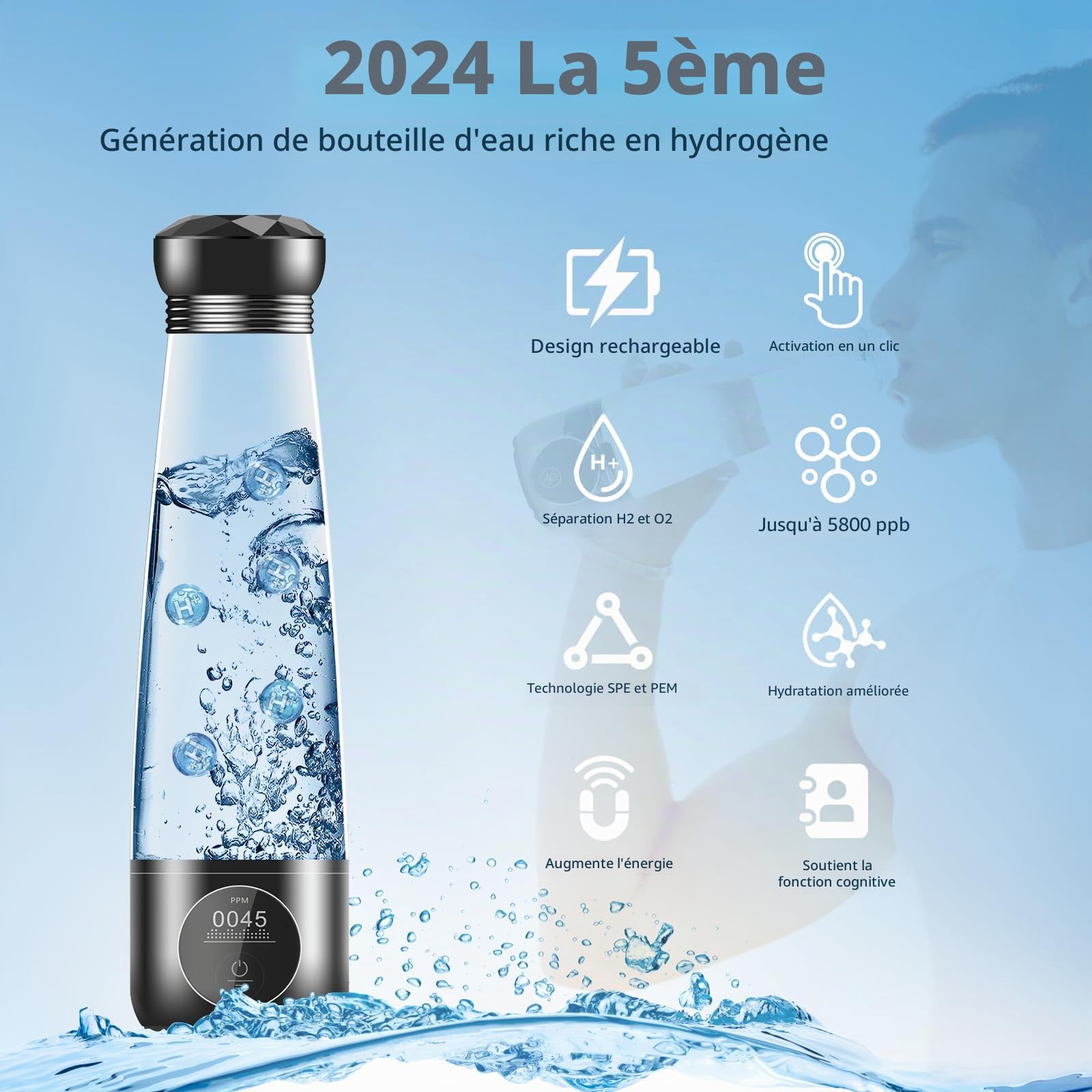 Dobaly Bouteille D'eau Hydrogène 5ème Génération H6 Pro 5500 ppb en 10 Min Bouteille D'eau Hydrogène Générateur D'hydrogène Bouteille avec Technologie SPE PEM Rechargeable Portable
