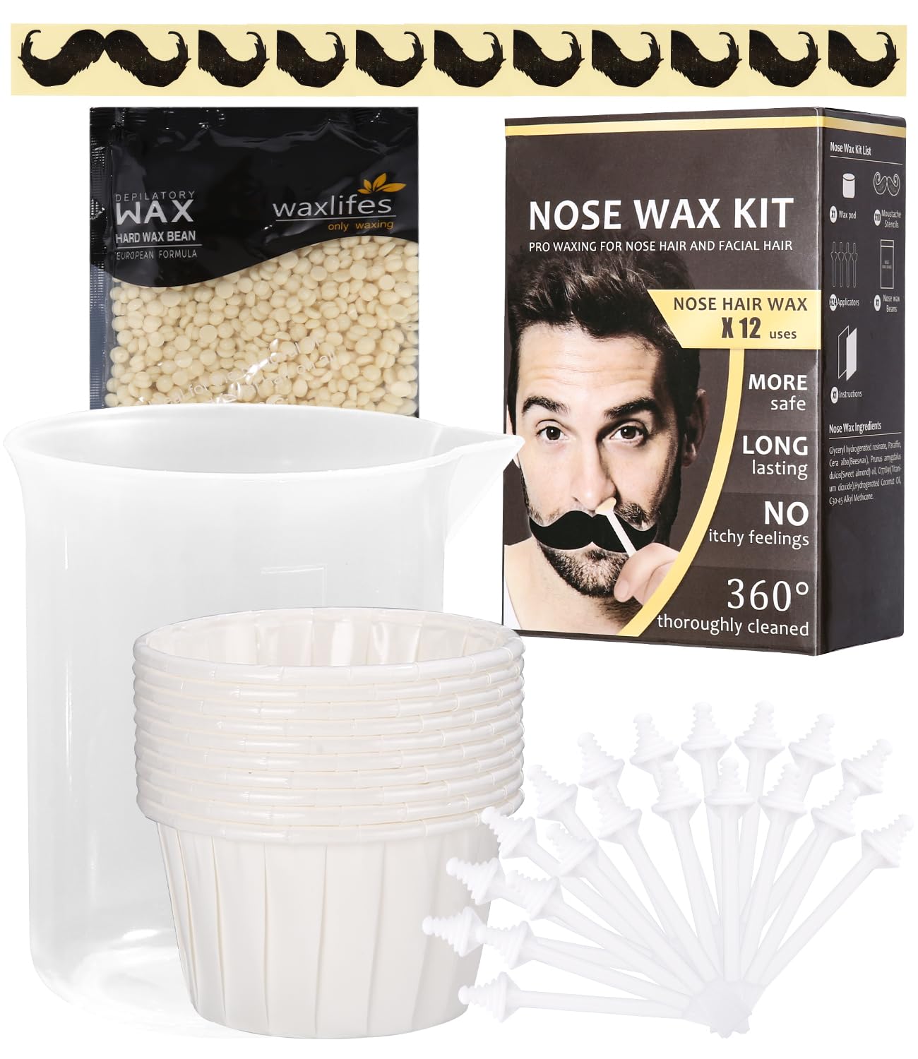 Nose Wax Kit,Quita Pelos de Nariz Seguro y Fácil,100g de Cera Nariz, 20 Aplicadores,10 Recipientes y 10 Plantillas de Bigote,Nasal Waxing Segura Rápida Indolora para Hombres/Mujeres