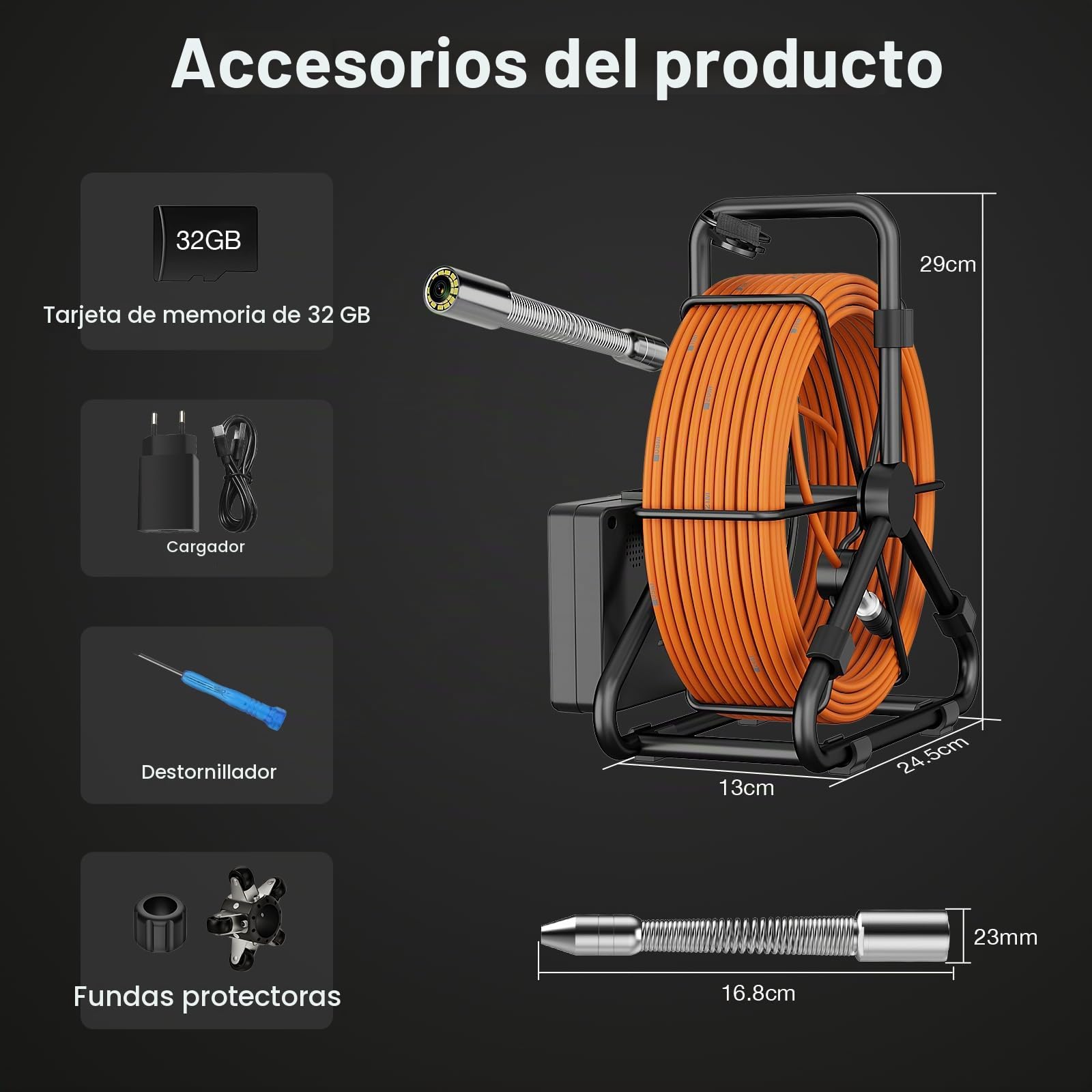 Cámara de Inspección, 4,3" Cámara para Tuberías con Función DVR, Snake Camara con Batería de 8500mAh y Marcadores de Metros, 23mm Endoscopio Industrial con 12 Luces LED (30M)