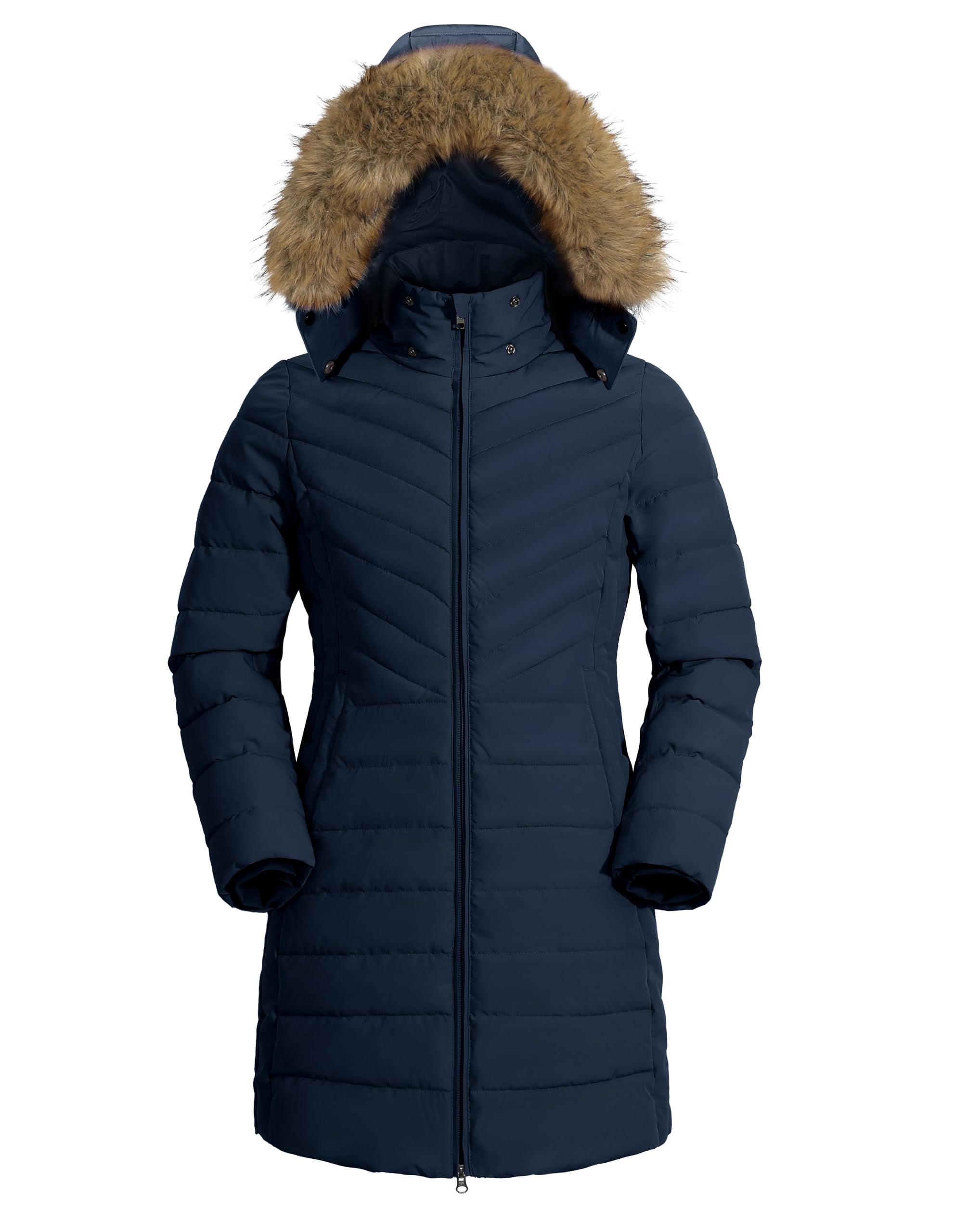 Pioneer Camp Wintermantel Damen Lang mit Kapuze Tailliert Warm | Abnehmbare Kapuze, Winddicht und Warm, Zwei-Wege-Reißverschluss, DWR-Wasserabweisende, 3 Taschen, ideal für Alltag und Stadt