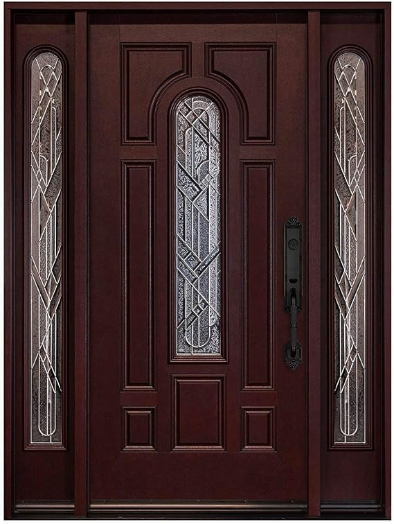 Mahogany Finish Fiberglass Double Front Entry Door with Brickmould and Decorative Glass, Prehung Pre-Finished Exterior Door, Right Hand Inswing, 12x30x12x80