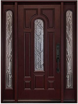 Mahogany Finish Fiberglass Double Front Entry Door with Brickmould and Decorative Glass, Prehung Pre-Finished Exterior Door, Right Hand Inswing, 12x30x12x80