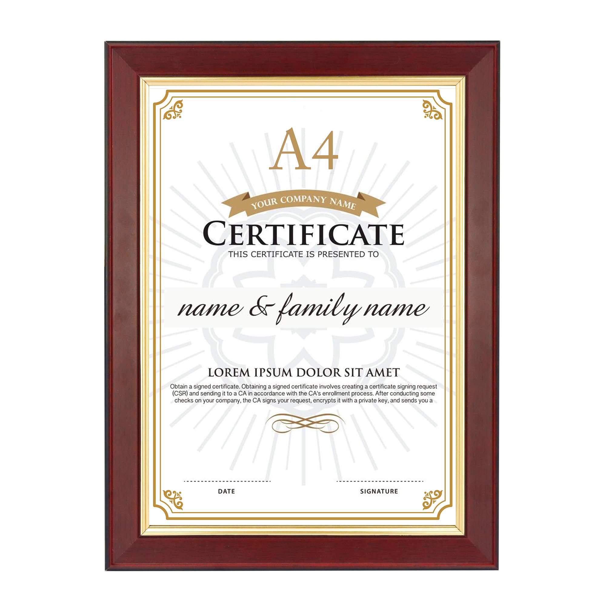 GraduatePro Wood A4 Certificate Diploma Frame Rustic Cherry Finish with Gold Trim, Cherry-Gold Trim