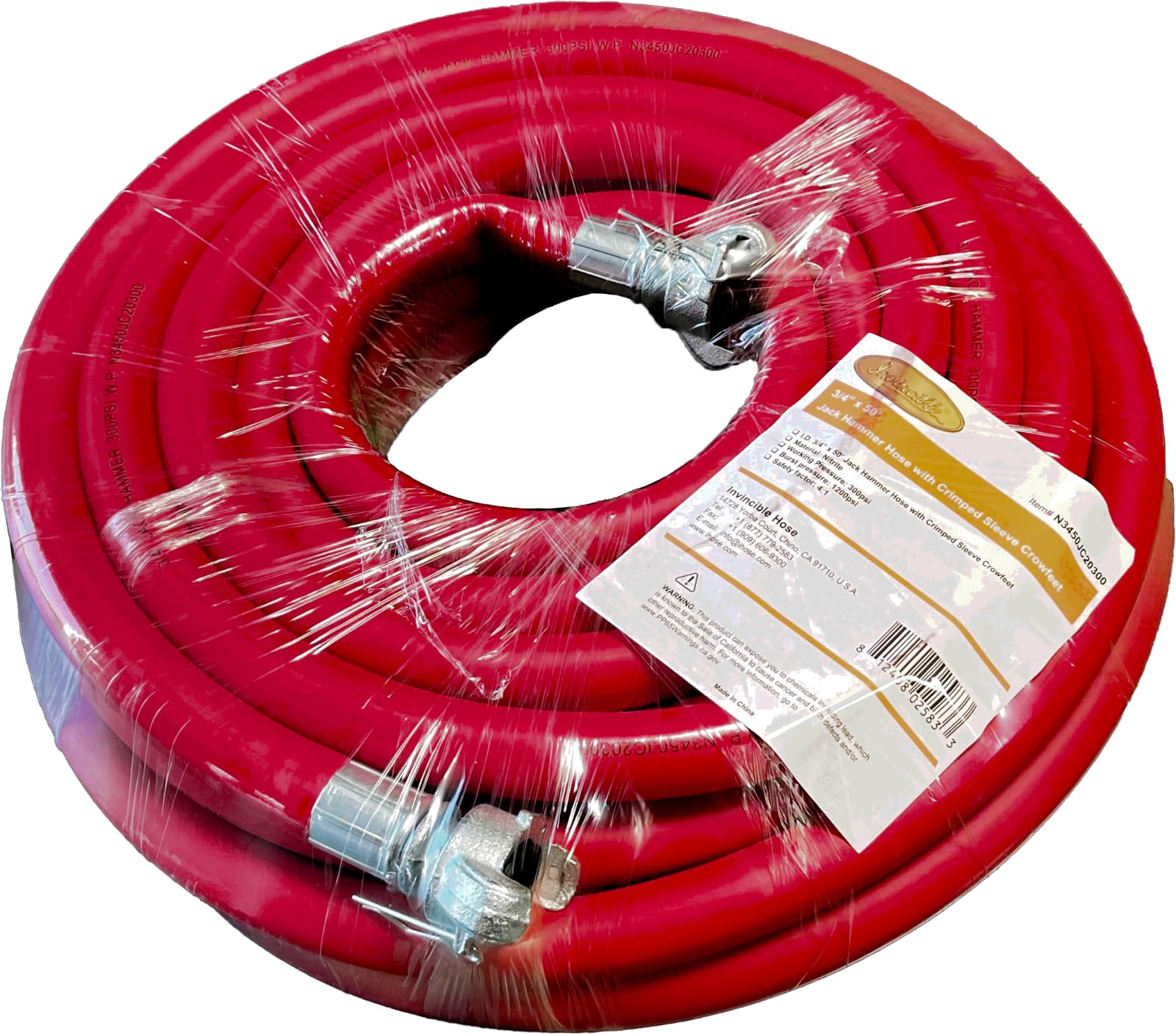 Manguera de aire de martillo neumático rojo de 50 pies, montaje de manguera neumática de goma de 3/4 pulgadas para martillos Jack y herramientas de aire, accesorios universales Chicago de 300 PSI para