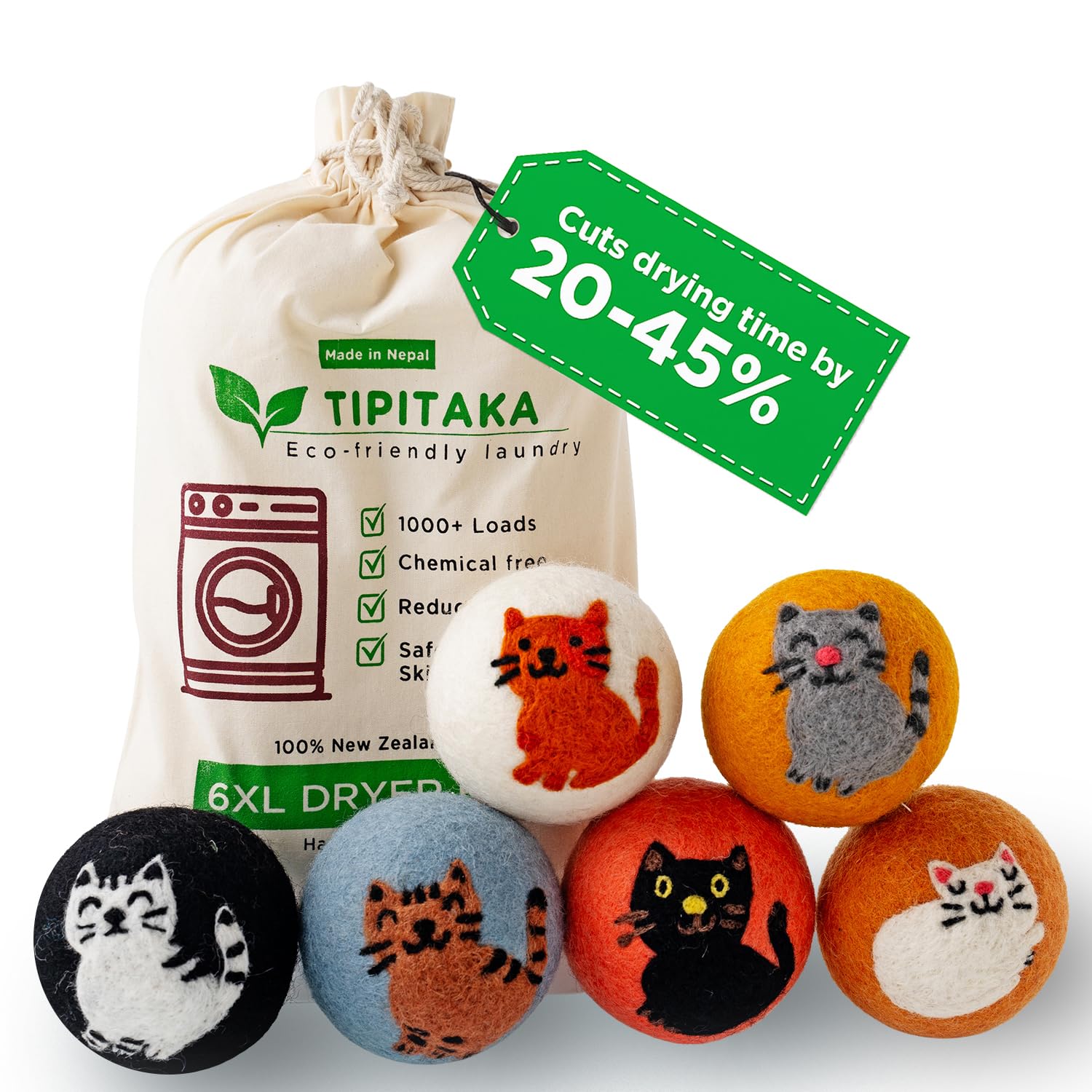 Laundry Wool Dryer Balls | Natural Fabric Softener – Reusable, Eco-Friendly, Reduces Drying Time – Wool Balls Replaces Dryer Sheets - 6 XL Pack - Laundry Balls for Dryer Cutie Cat