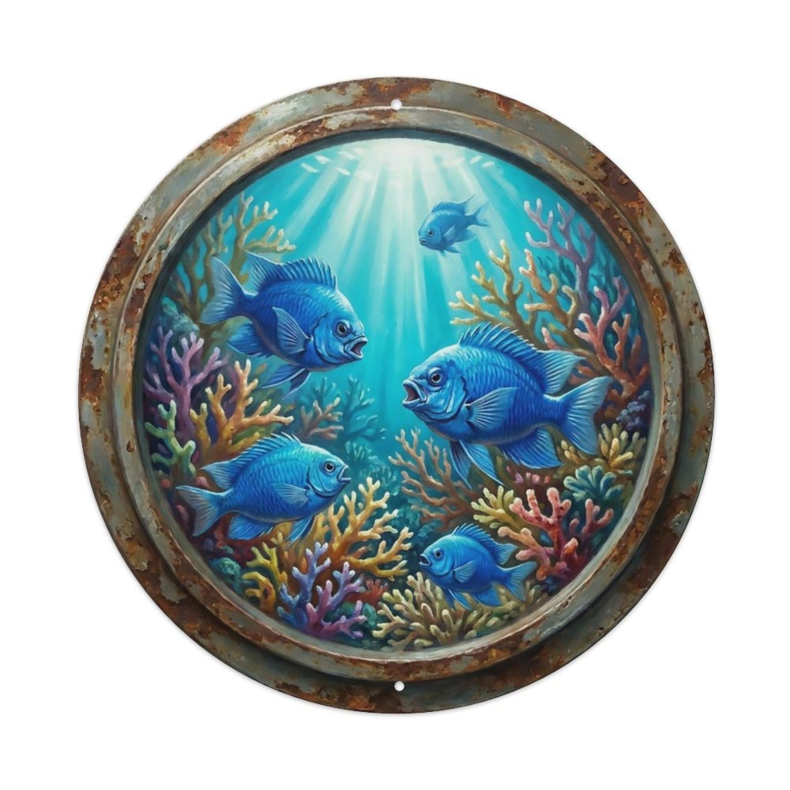 Vintage Porthole Damselfish Territory Ship Window Undersea Deep Sea Metal Tin Sign