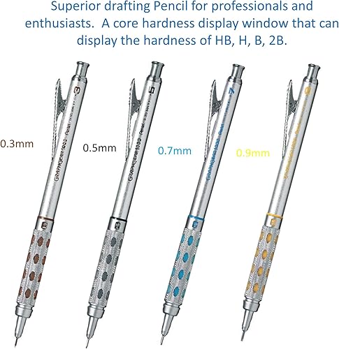Miniatura 2 de Four Graphgear 1000 - Juego de lápices mecánicos de 0.012 in, 0.020 in, 0.028 in y 0.035 in, cuatro cables Rerill/Borrador triangular tipo