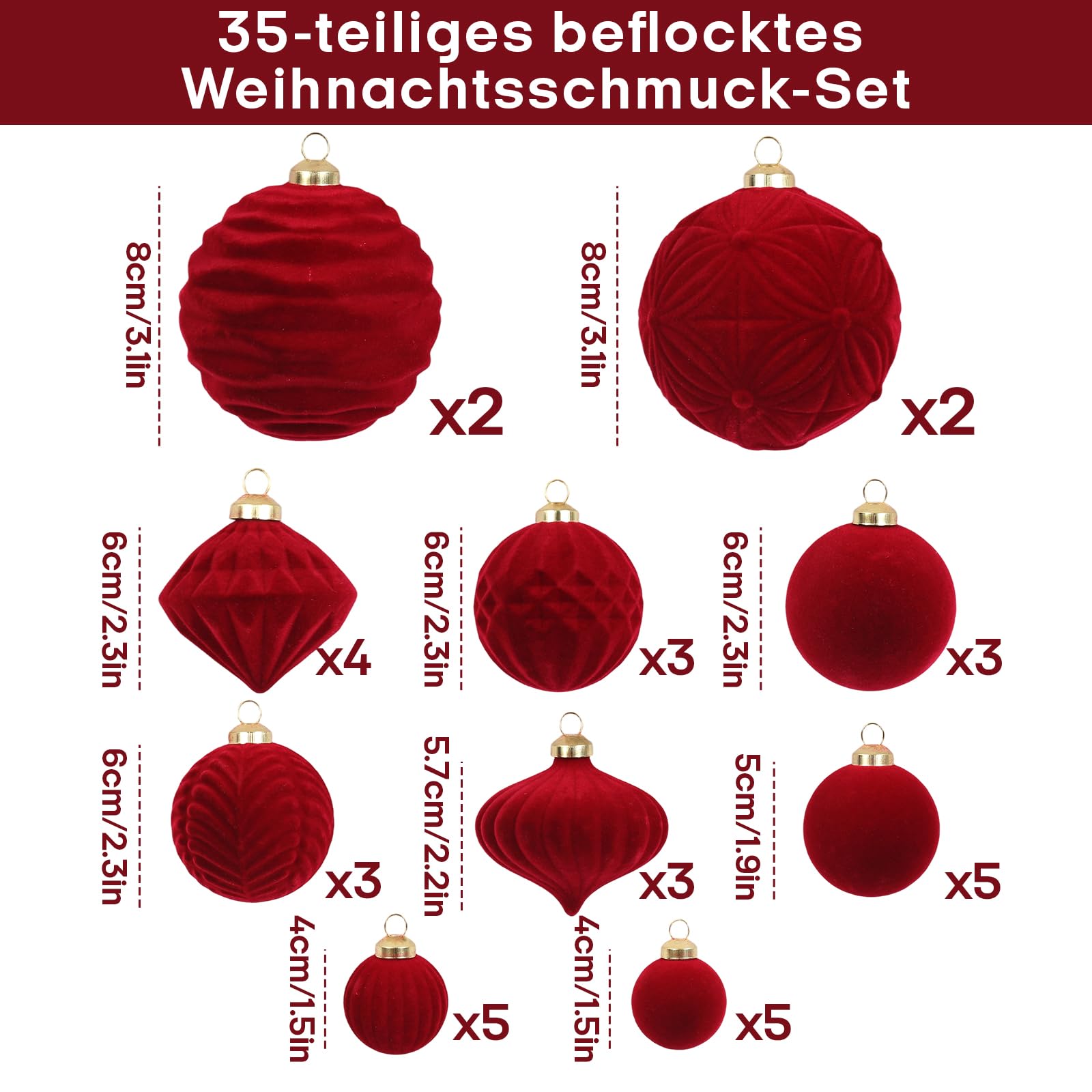 Lot de 35 boules de Noël en velours incassable floqué - Boules décoratives à suspendre pour sapin de Noël, fête, vacances, décoration