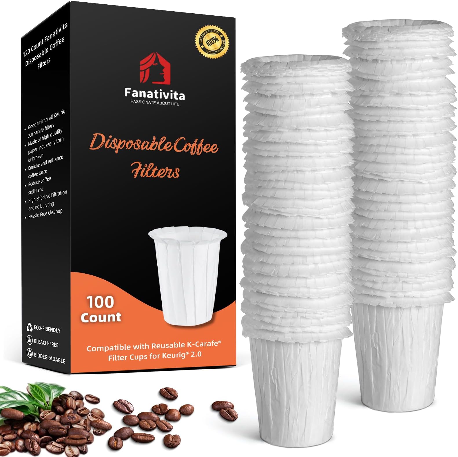 Fanativita Disposable Coffee Machine Filters for K-Carafe Reusable Filter Cups for Keurig, White 100 Count