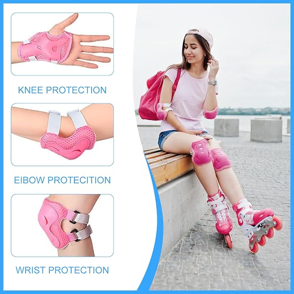 Kit de Protection Complète Enfant - 6 Pièces (Genouillères, Coudières, Poignets) - Réglable 3-12 Ans pour Roller, Vélo, Skateboard & Sports, Rose - 2