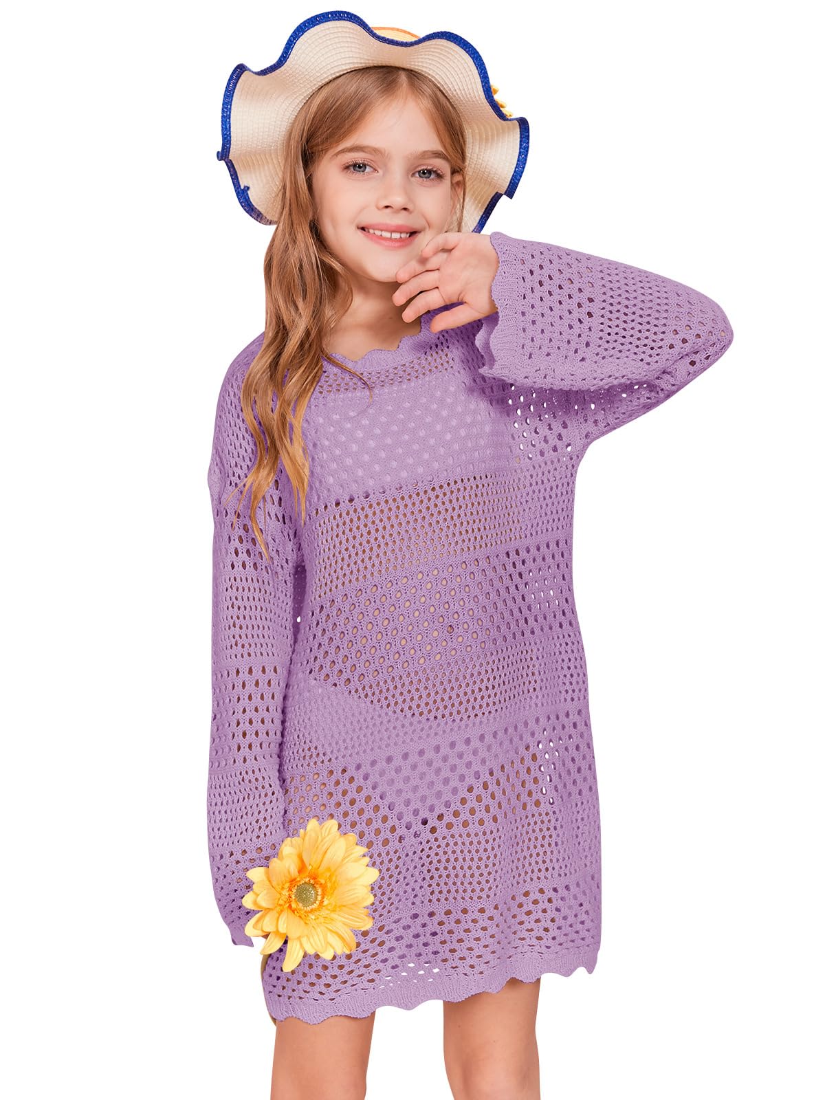 Batermoon Girls Crochet Long Sleeve Swimsuit Cover Up Kids Fashion Hollow Out Swimwear Beach Dress 5-14 Years