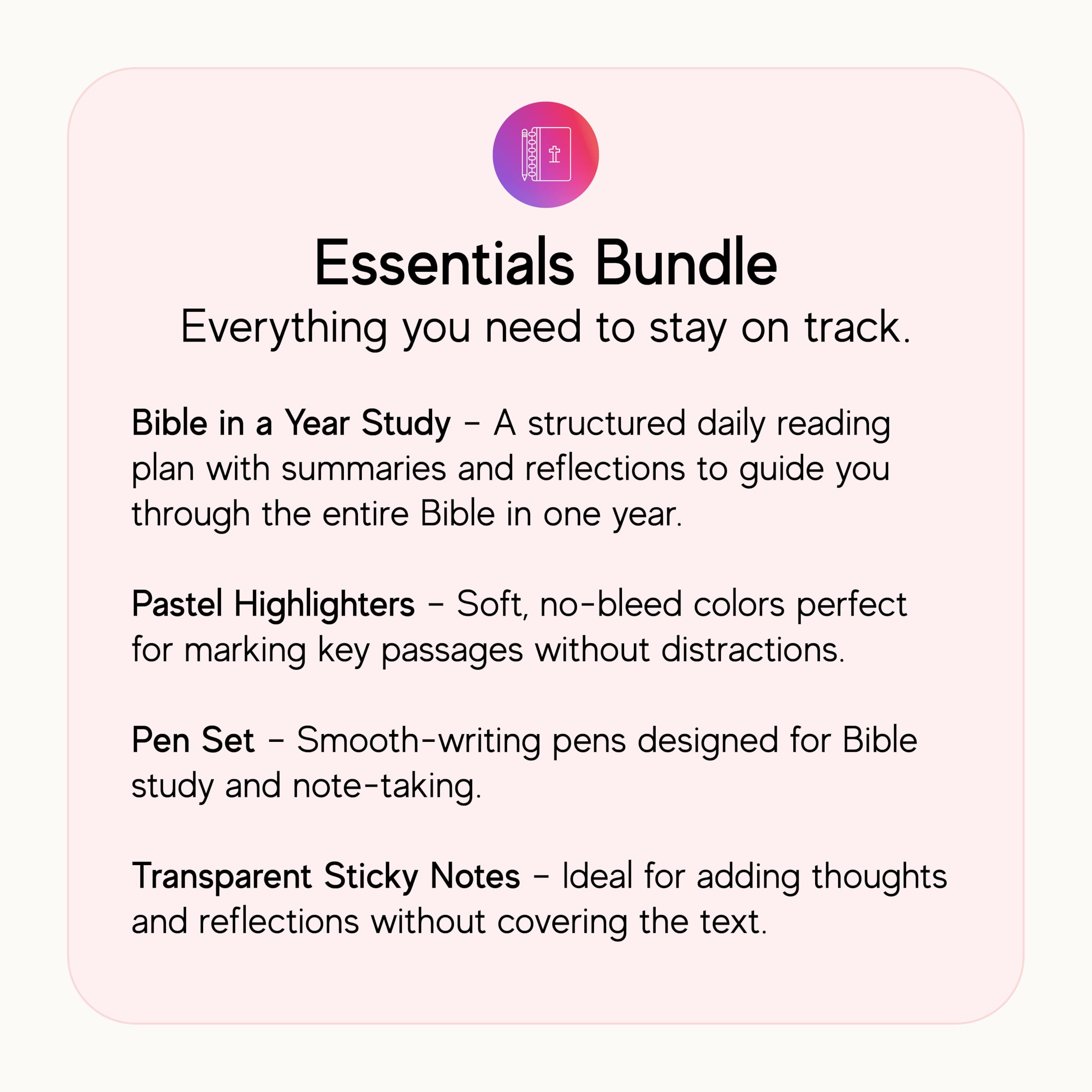 Official Spiral Bible™ Bible in a Year Essentials Bundle de tapa dura | Plan de lectura guiado de 365 días con guía de estudio, resaltadores pastel, bolígrafos y notas adhesivas transparentes para