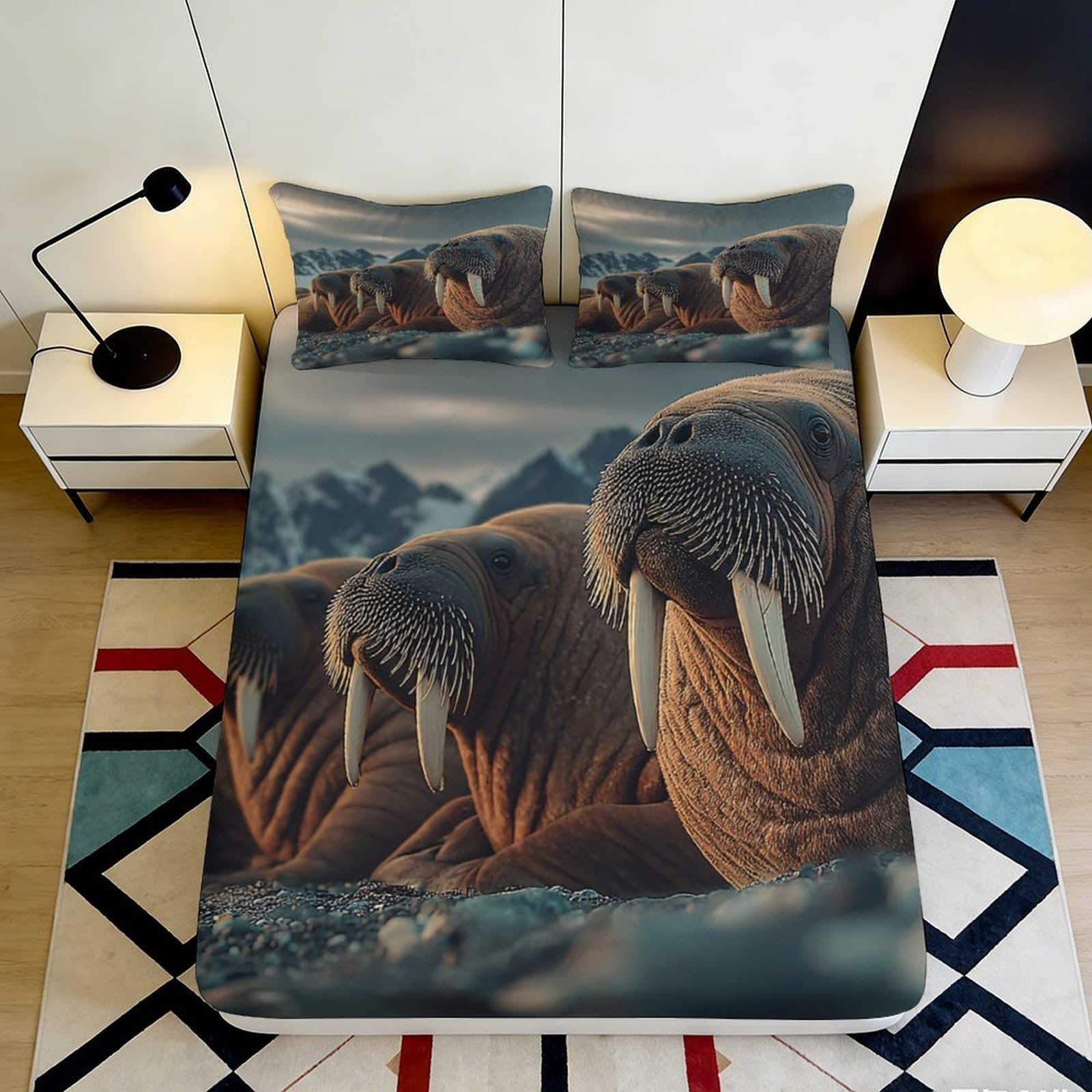 3D Printed Walrus Arctic Mountain Fitted Sheet Microfiber Anti-Slip Bed Cover for Bedroom Guest Room Dorm Decor 200x200x25cm